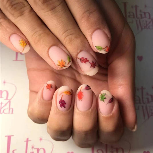 Autumn Whimsy Medium Almond Matte Beige Press On Nail Set with Colorful Leaf Designs