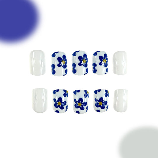 Floral Delight Medium Square White and Blue Press On Nail Set with Vibrant Flower Design
