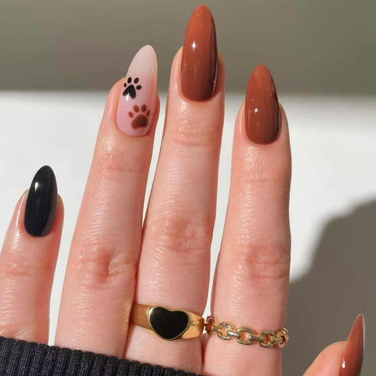 Chic Pet Lover Stiletto Shaped Press On Long Nail Set in Brown Black and Pink with Cute Paw Print Design
