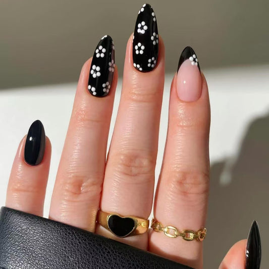 Chic Floral Harmony Long Stiletto Black and Clear Press On Nail Set with White Flower Accents