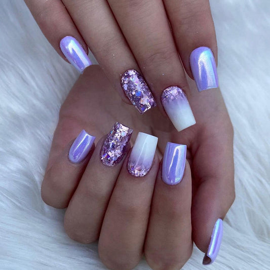 Dreamy Lavender Long Square Press On Nail Set with Glitter and Ombre Finish