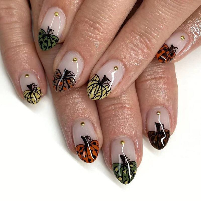Autumn Leaves Long Almond Press On Nail Set in Multi-Colored with Butterfly Design and Gold Accents