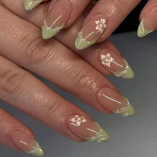Floral Garden Almond Long Green Glossy Press On Nail Set with Delicate Flower Accents