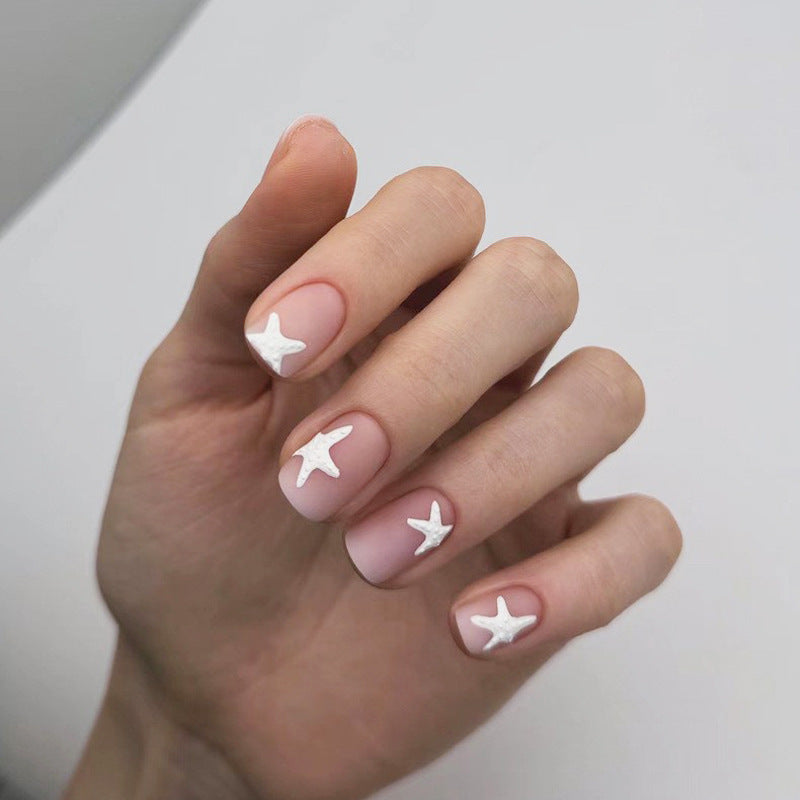 Under the Sea Dreamy Medium Square Pink Press On Nail Set with White Starfish Design