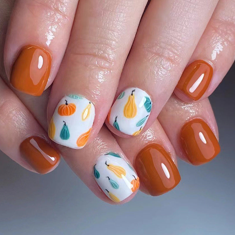 Autumn Harvest Short Square Burnt Orange and White Nail Set with Colorful Gourd Design