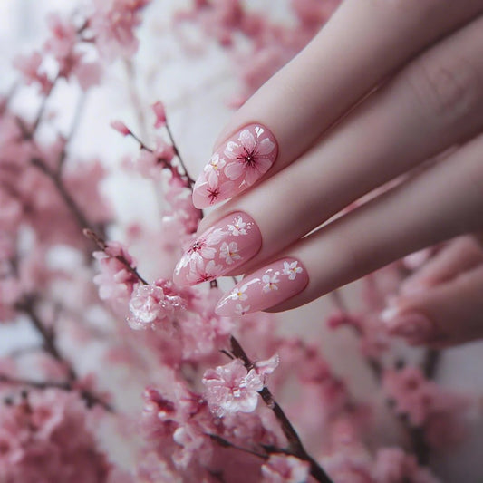 Cherry Blossom Elegance Medium  Almond Pink Floral Press On Nail Set