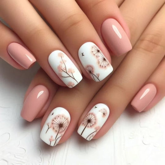 Whimsical Dreams Medium Square Blush Pink and White Press on Nail Set with Floral Art Detail