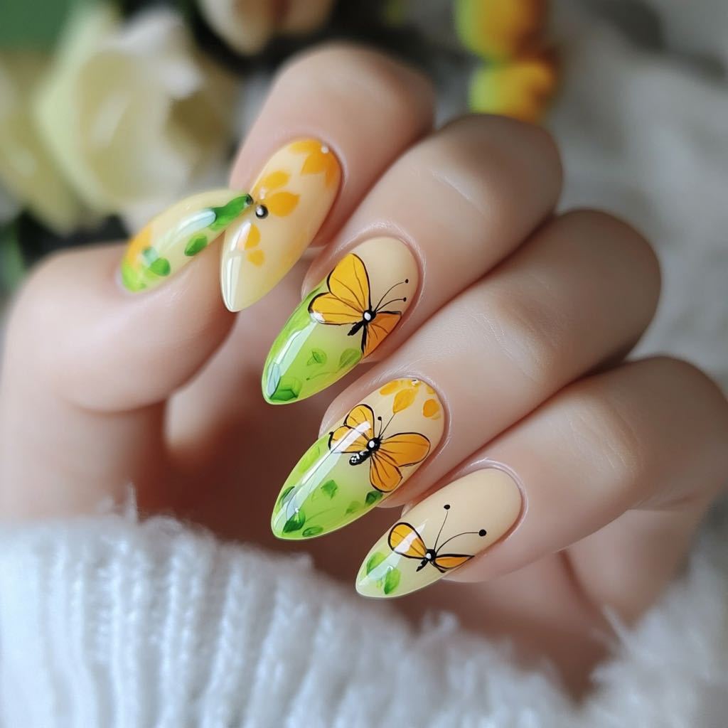 Garden Bliss Elegant Long Almond Shape Yellow and Green Press On Nail Set with Delicate Butterfly Design