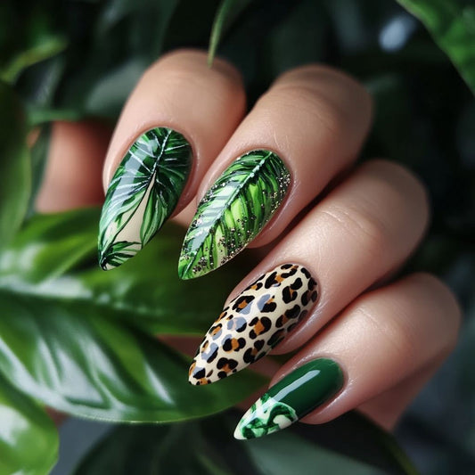 Tropical Vibe Short Almond Green and Leopard Print Press On Nail Set with Sparkling Detail