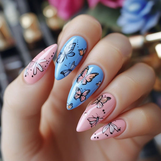 Whimsical Butterfly Dreams Medium Almond Pink and Blue Press On Nail Set with Intricate Floral Designs