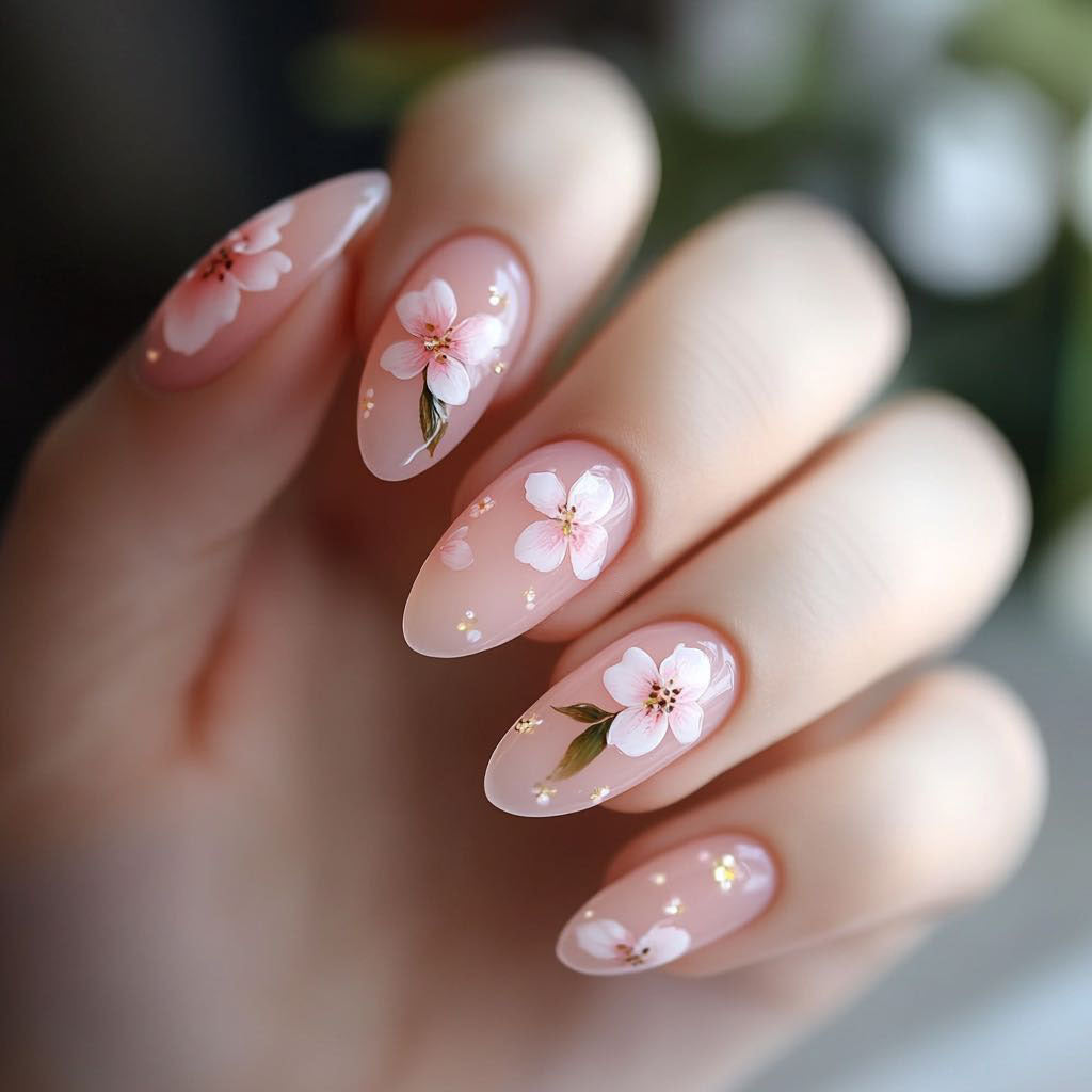 Blossom Elegance Medium Almond Pink Floral Press On Nail Set with Dazzling Glitter Accents