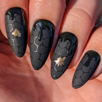 Bee Inspired Medium Almond Black Honeycomb Press On Nail Set with Gold Leaf Accent