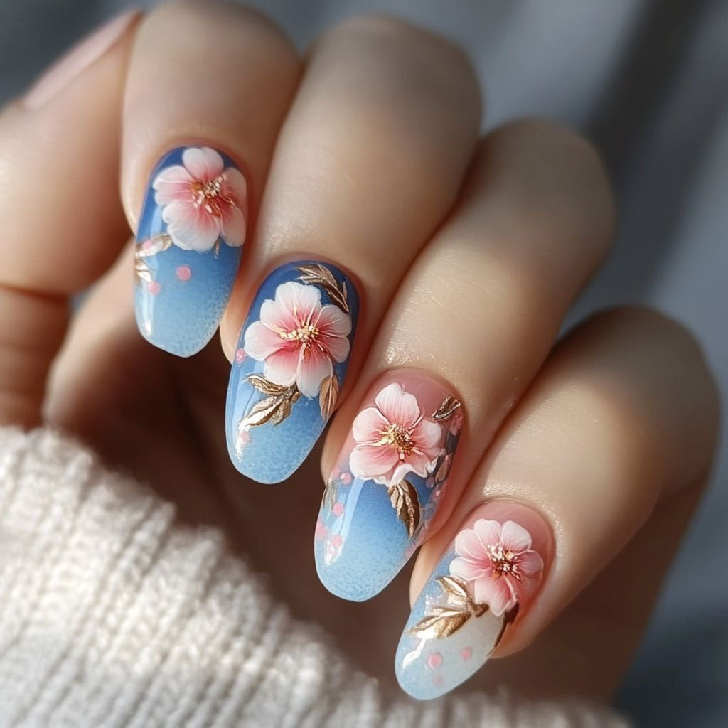 Floral Harmony Medium Coffin Blue Ombre with Hand-Painted Blossoms Press On Nail Set