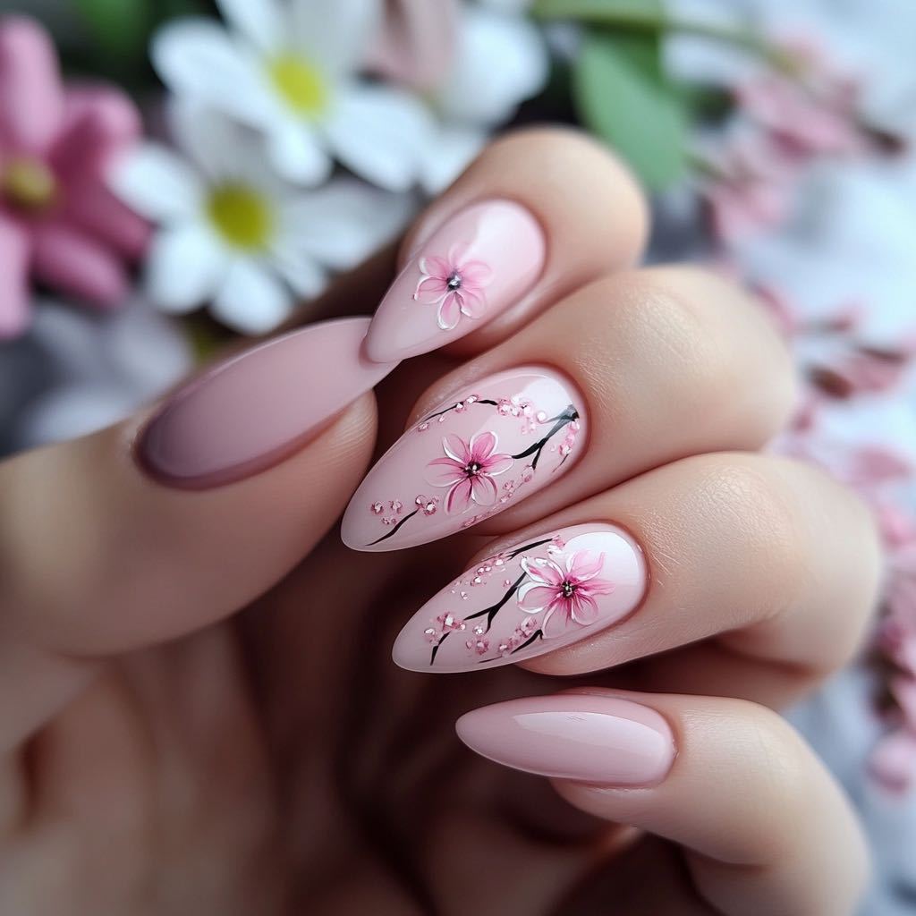 Blossoming Serenity Long Almond Pink Floral Press On Nail Set