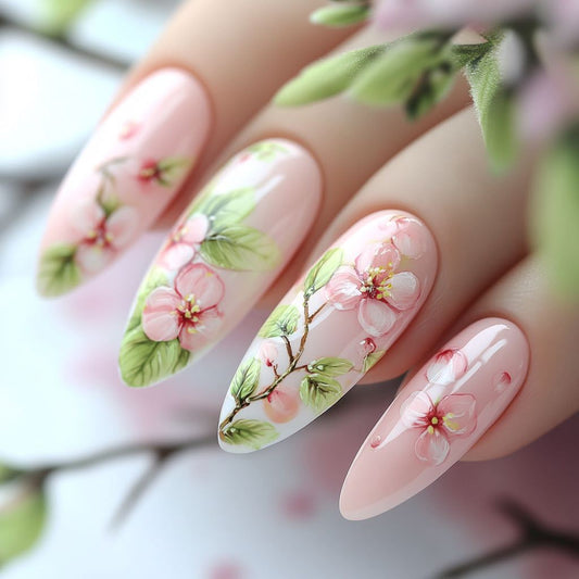 Blossom Elegance Long Almond Pink Floral Press On Nail Set with Botanical Artistry