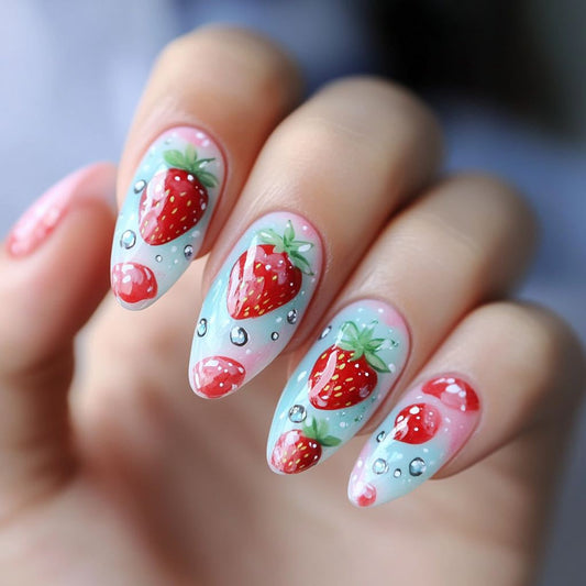 Sweet Strawberry Dream Long Almond Shaped Soft Blue and Pink Glossy Finish with Charming Berry Design Nail Press Set