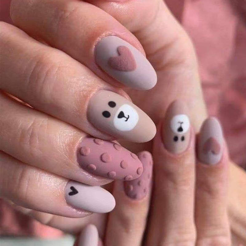 Cozy Bear Theme Medium Almond Shape Soft Pink with Adorable Animal Designs Press on Nail Set