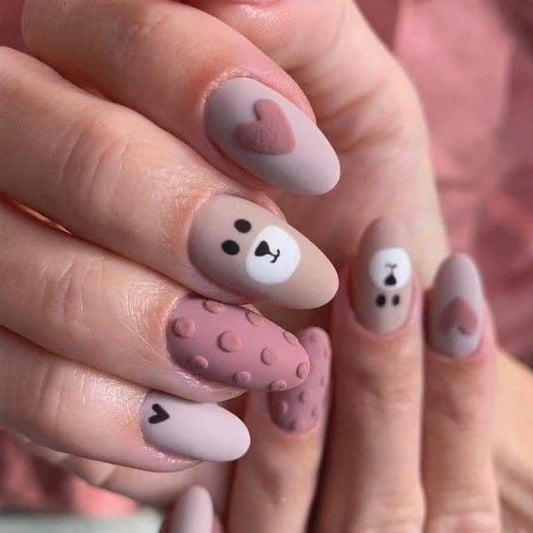 Cozy Bear Theme Medium Almond Shape Soft Pink with Adorable Animal Designs Press on Nail Set