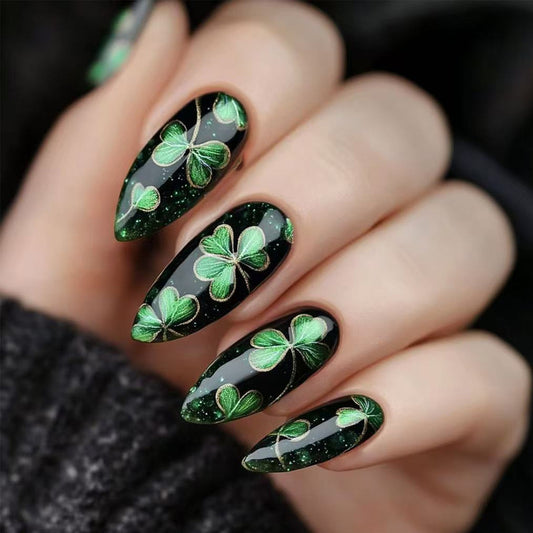Charming Enchantment Medium Stiletto Green with Sparkling Shamrock Design Press On Nail Set
