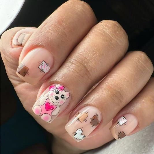 Whimsical Bear Theme Medium Square Shape Beige with Colorful Cartoon Design Nail Press Set