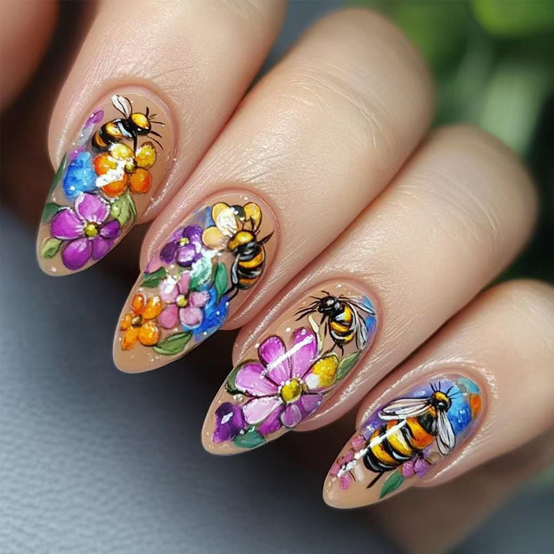 Bee Garden Chic Medium Almond Floral Design Press On Nail Set