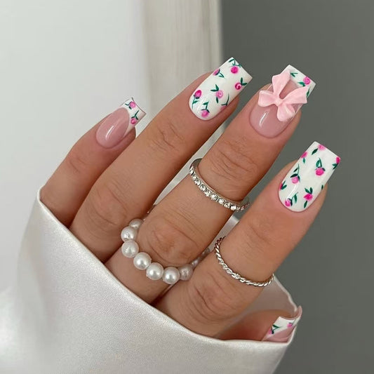 Floral Fantasy Medium Square White with Pink Flower Design and Charming Bow Press On Nail Set
