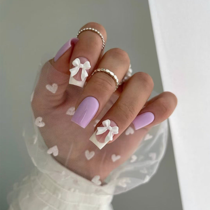 Charming Pastel Elegance Medium Square Lavender and White Press On Nails with Delightful Bow Accents