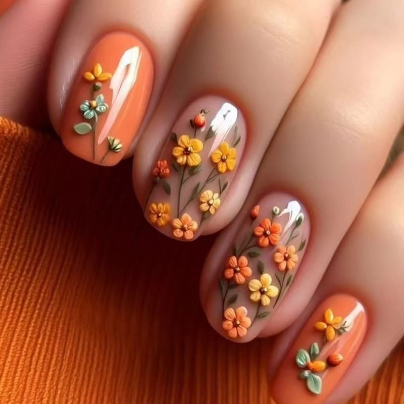 Floral Delight Short Squoval Orange Press On Nail Set with Three Dimensional Flower Design