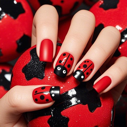 Ladybug Paradise Medium Square Red with Black Accent and Glossy Finish Nail Set