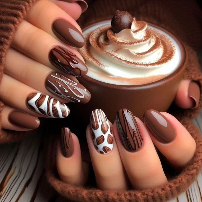 Coffee Delight Medium Oval Brown Glossy Nail Set with Artistic Chocolate Drizzle Design