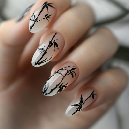 Zen Garden Medium Almond Black and Clear Press on Nail Set with Elegant Bamboo Design