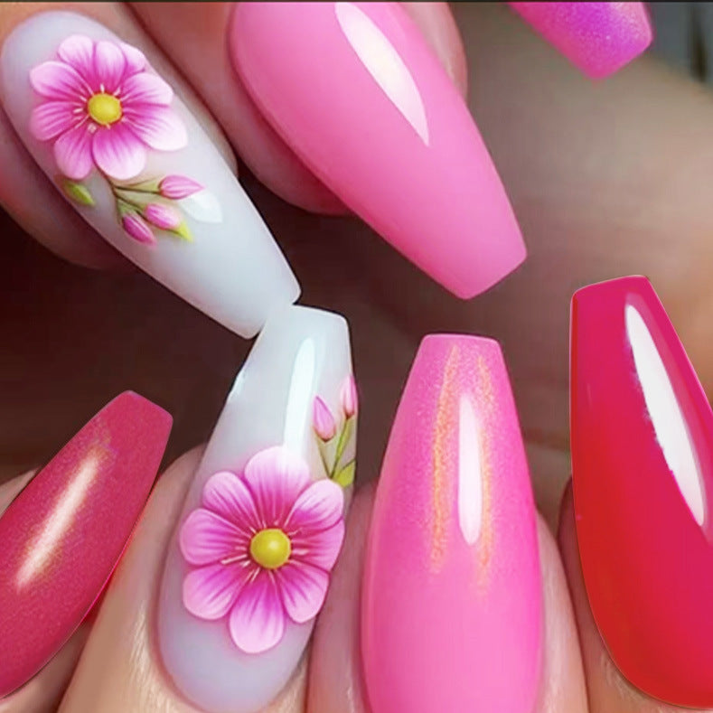 Garden Bloom Long Coffin Pink Press On Nail Set with Floral Design