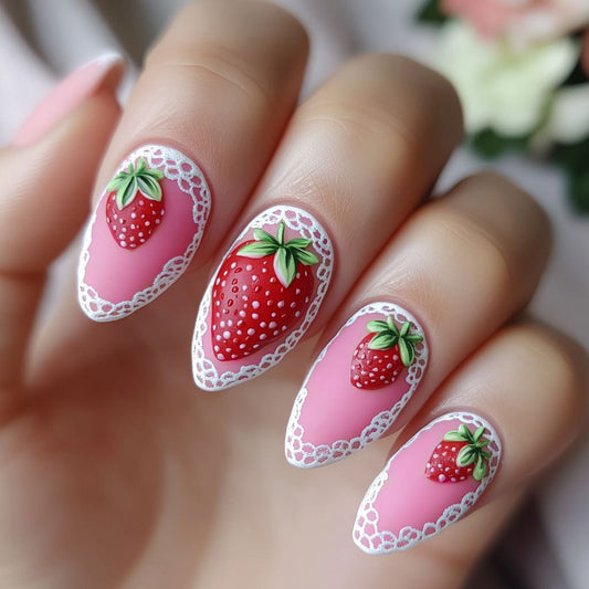 Berry Delightful Elegant Medium Almond Shaped Pink Press On Nail Set with Stunning Strawberry Art