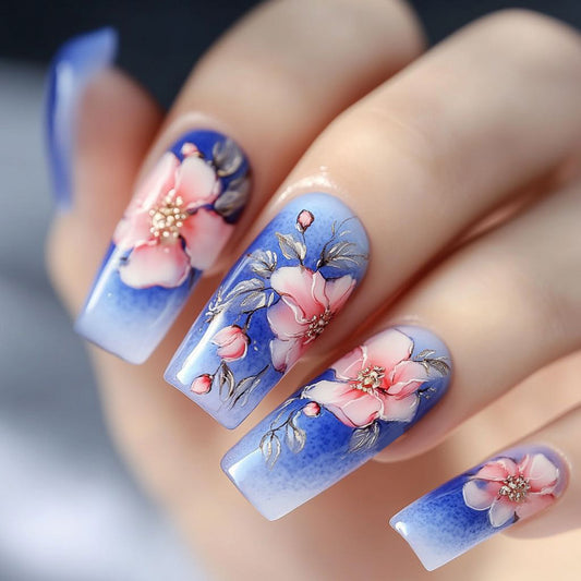 Blossom Dreams Long Square Gradient Blue Floral Press On Nail Set