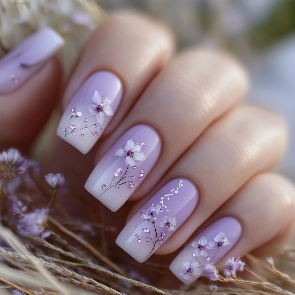Floral Dream Medium Square Lavender Ombre with Delicate Flower Accents and Sparkling Embellishments Press On Nail Set