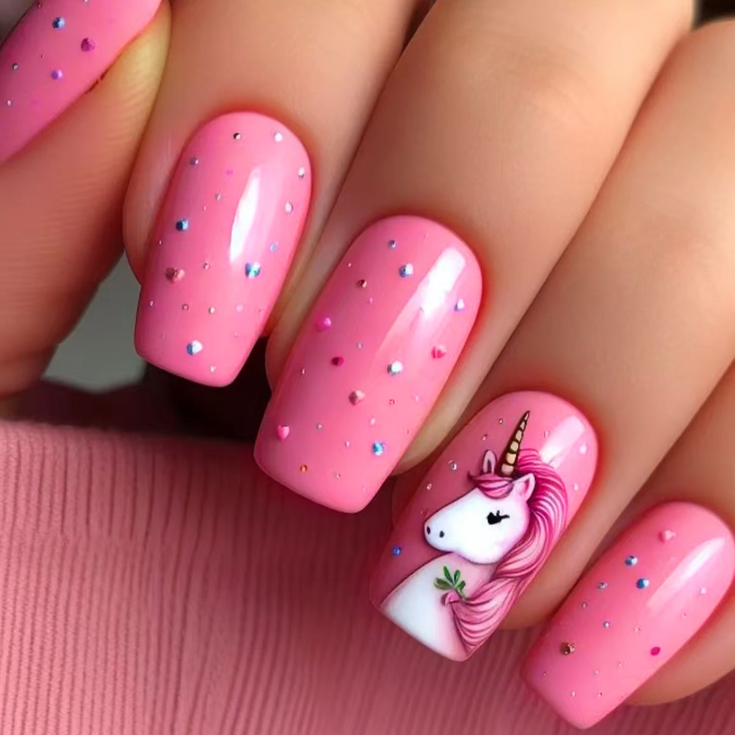 Magical Unicorn Theme Medium Square Pink Press-On Nail Set with Sparkling Glitter and Whimsical Unicorn Design