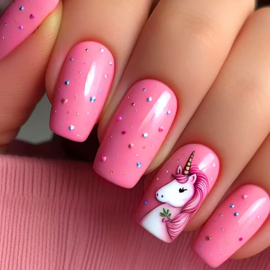 Magical Unicorn Theme Medium Square Pink Press-On Nail Set with Sparkling Glitter and Whimsical Unicorn Design