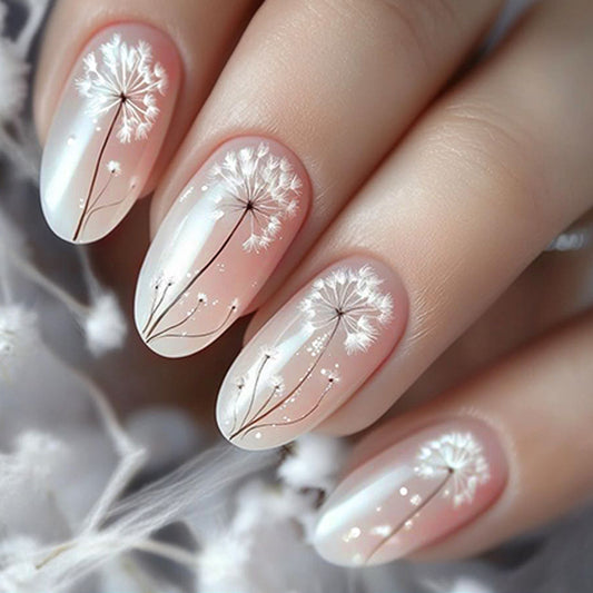Dandelion Dreams Medium Oval White Floral Press On Nail Set with Elegant Sheen