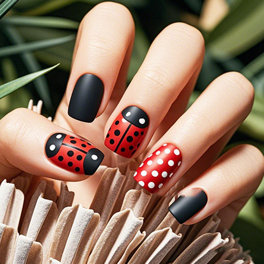 Ladybug Garden Medium Square Matte Red Design with Polka Dots and Ladybug Accents Nail Set