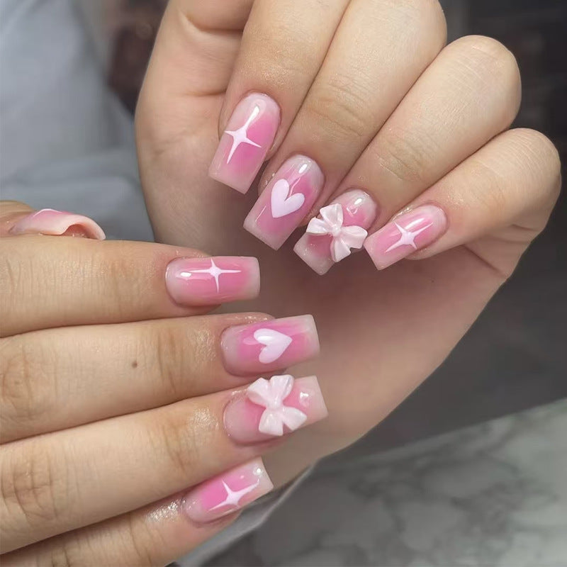 Whimsical Fairy Garden Medium Square Pink Press On Nail Set with Heart and Flower Accents