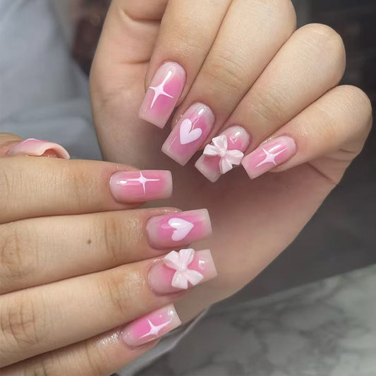 Whimsical Fairy Garden Medium Square Pink Press On Nail Set with Heart and Flower Accents