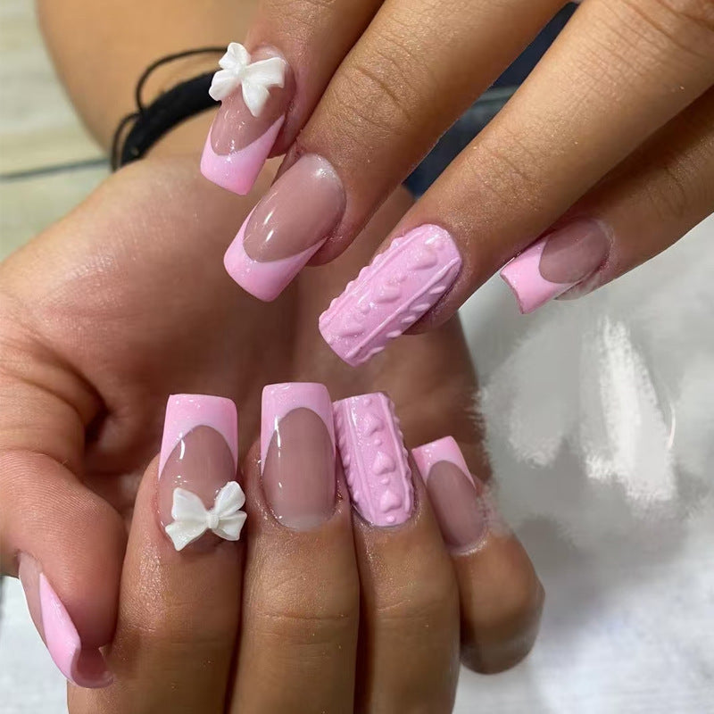 Dreamy Pink Elegance Medium Square Press On Nail Set with Textured Detailing and Charming Bow Accents
