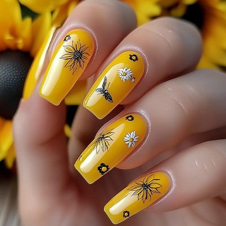 Sunshine Blossom Long Square Yellow Nail Set with Floral and Butterfly Accents
