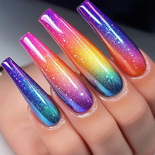 Rainbow Dreams Long Coffin Gradient Press On Nails with Sparkling Finish