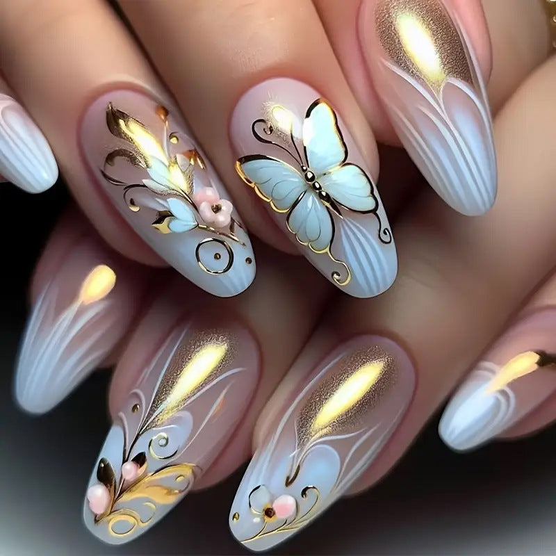 Whimsical Butterfly Dream Long Oval Shaped Sky Blue with Elegant Golden Floral Accents Press On Nail Set
