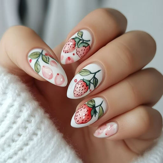 Strawberry Delight Medium Almond Press On Nail Set in White and Pink with Charming Fruit Art Design