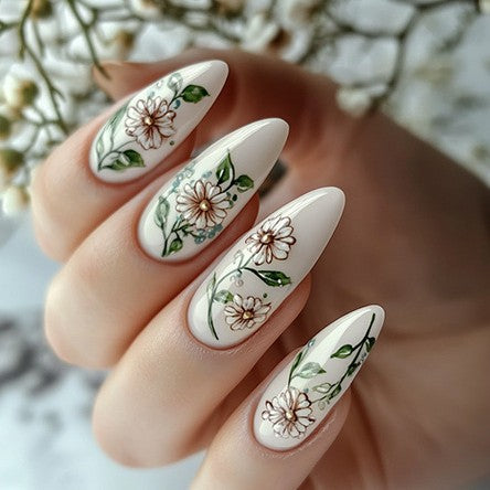 Whimsical Garden Inspired Long Almond Shaped White Floral Press On Nail Set with Vibrant Green Accents
