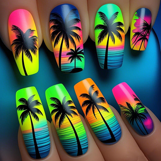Tropical Vibes Extra Medium Square Neon Gradient Press On Nail Set with Palm Tree Design