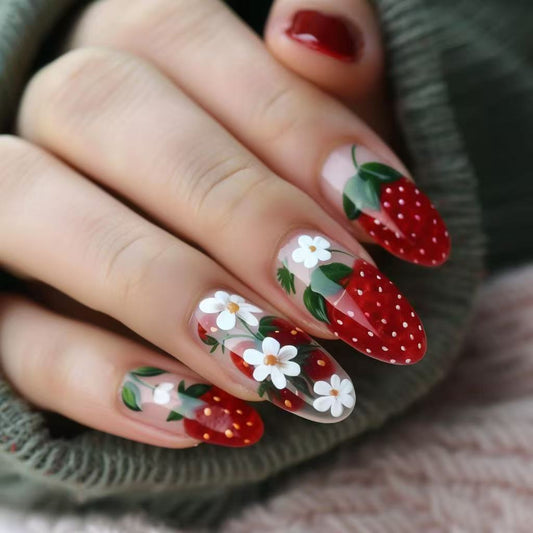 Fruity Delight Long Oval Red with Floral Design Press On Nail Set