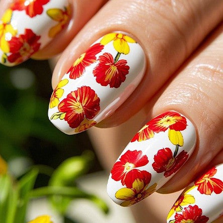 Blooming Floral Elegance Medium Almond Shape White Base with Vibrant Red and Yellow Flower Design
